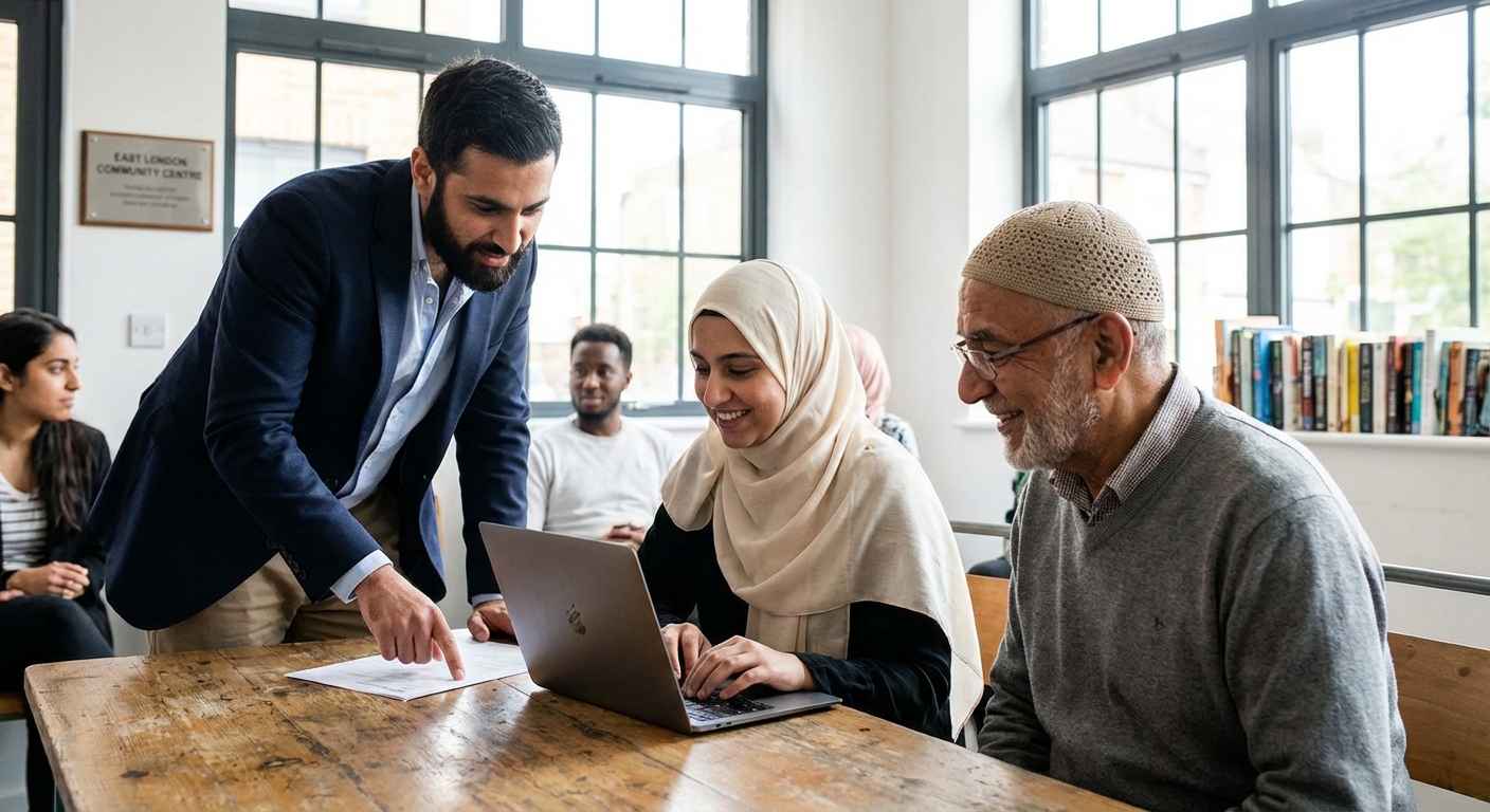 British Muslim community members collaborating on legal rights at an East London Community Centre