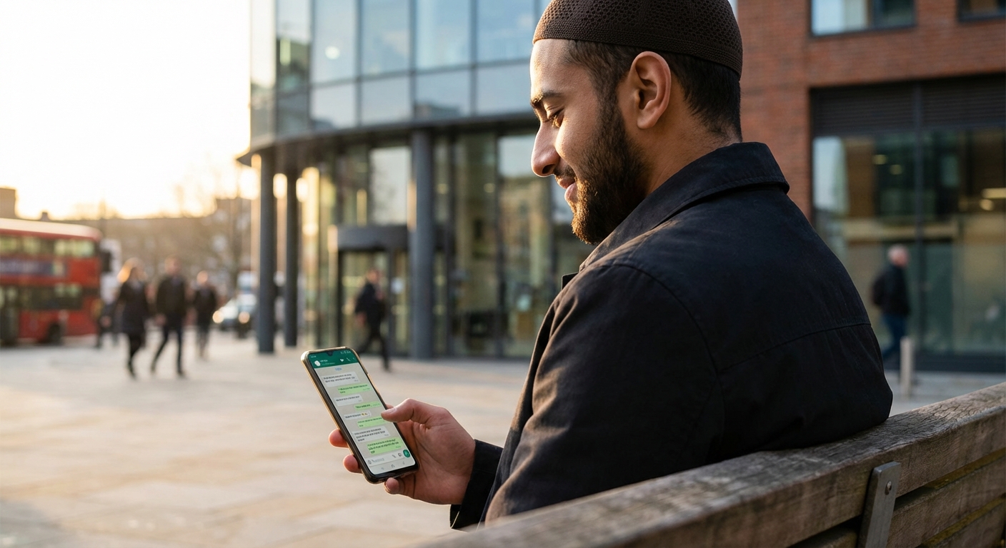 Muslim man checking phone
